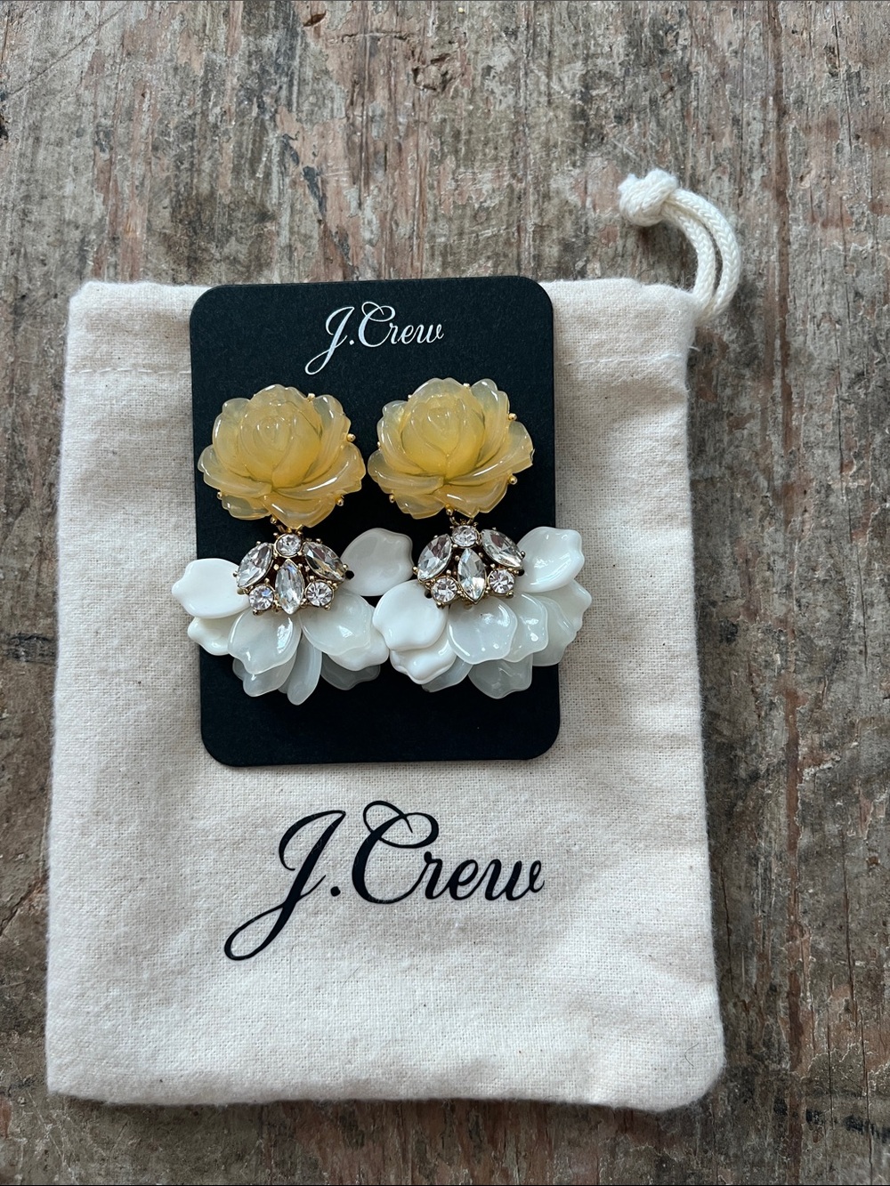 J. Crew Yellow Rose & White Petal Cluster Drop Earrings
